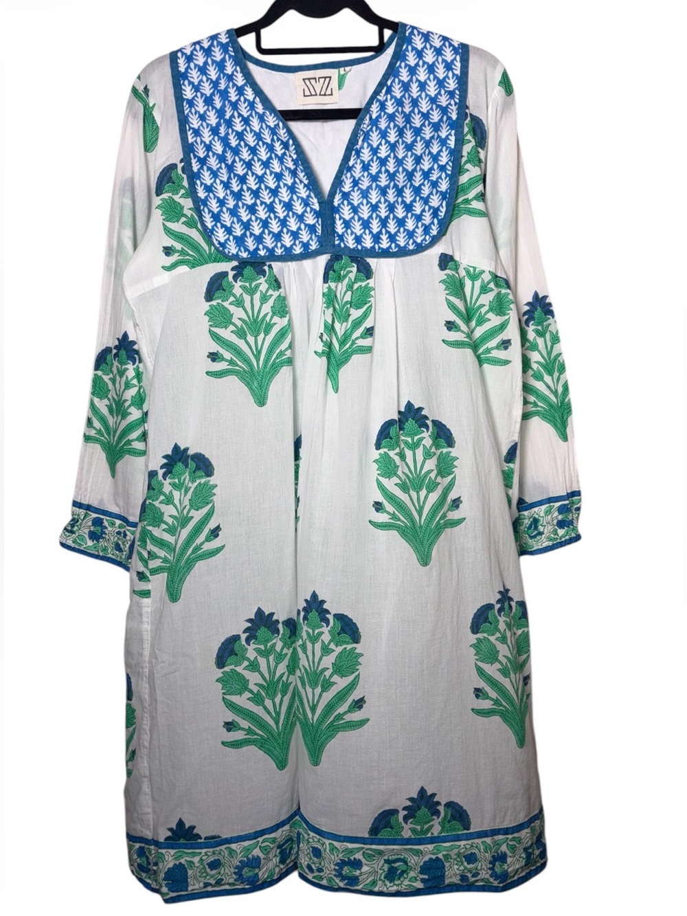 SZ Blockprints Kitty Tunic Dress Blue Green Floral Print Prairie Cottage Large
